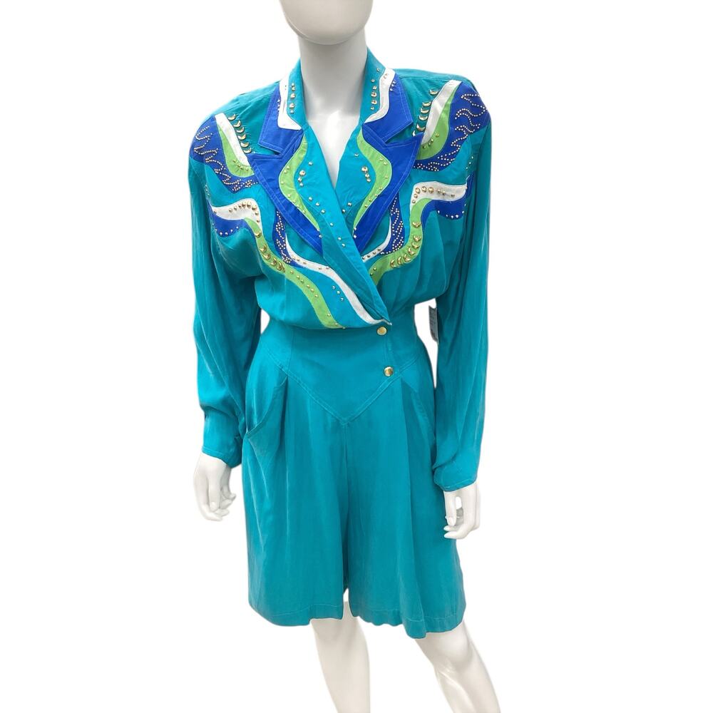 VTG Caché Romper Women’s SZ S Silk Gold Bling Design Very Cool Piece Turquoise